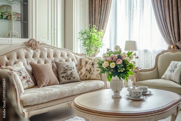 Fototapeta This elegant living room features a tufted sofa with floral and velvet cushions, complemented by a vase of fresh flowers on a white coffee table.