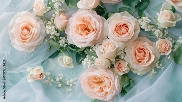 Fototapeta Elegant wedding card mockup showcasing pastel pink roses on soft fabric backdrop with ample space for personalized text and design elements.