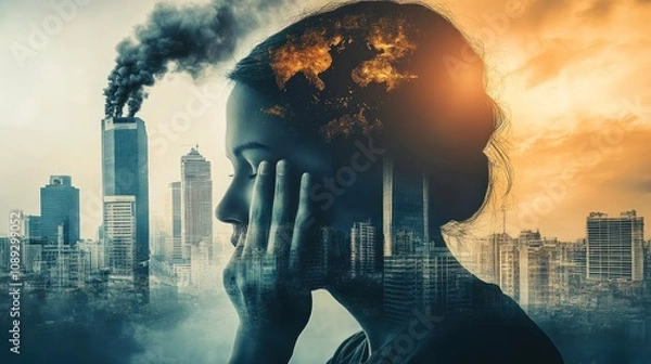 Obraz A composite image blending a woman's silhouette with a cityscape, symbolizing concern or distress about urban environmental issues or mental stress from city living.