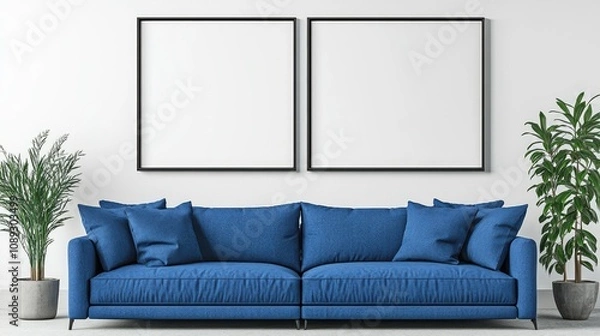 Fototapeta Contemporary living room with two empty frames above a vibrant blue sofa, complemented by potted plants for a fresh and stylish atmosphere.