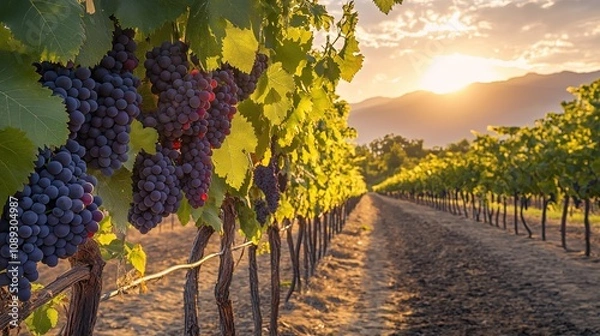 Obraz Fresh grape bunch with vineyard scenery.