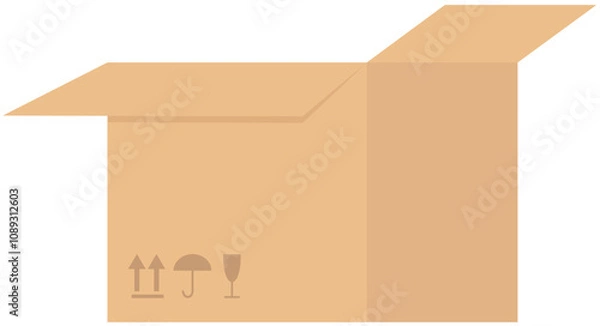 Fototapeta Brown cardboard and paper packaging box. Shipping carton open and closed box with breakable signs for parcel packaging template, transporting goods, delivery and transportation background.