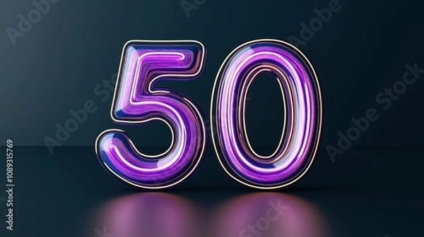 Fototapeta Glowing neon number 50 on a dark background with reflective surface, featuring bright purple and blue colors and a modern light effect.