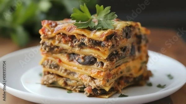 Fototapeta a stack of lasagna stacked on top of each other on a white plate with a sprig of parsley.