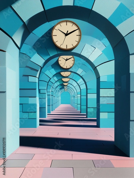 Fototapeta Time and space continuum concept with never ending clocks running across a never ending column of tunnels