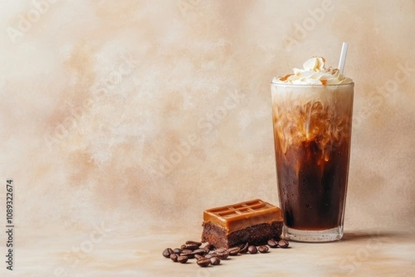 Fototapeta Iced coffee with whipped cream and caramel served with a chocolate brownie