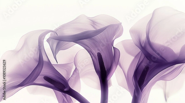 Fototapeta X-ray photography of calla lilies, light purple and white, ethereal and dreamy, with soft edges and blurred details, neutral tones, and a monochromatic palette.