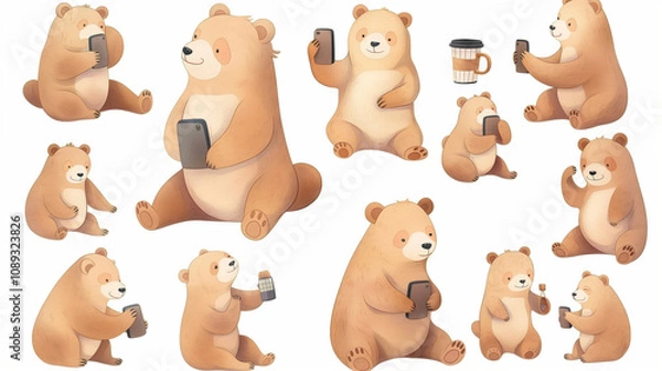 Fototapeta Cute stickers depicting bears with different poses and facial expressions, for example, playing with mobile phones or drinking coffee, cute dressed on a white background.