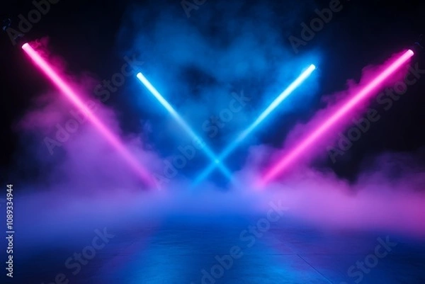 Obraz A vibrant display of blue and pink lights piercing through a smoky background, creating a dynamic and energetic atmosphere.