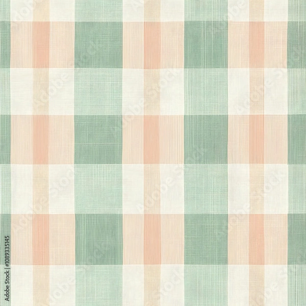 Fototapeta Pastel green and peach gingham check pattern.  Subtle textured linen effect. Ideal for fabric, textile, and wallpaper designs.