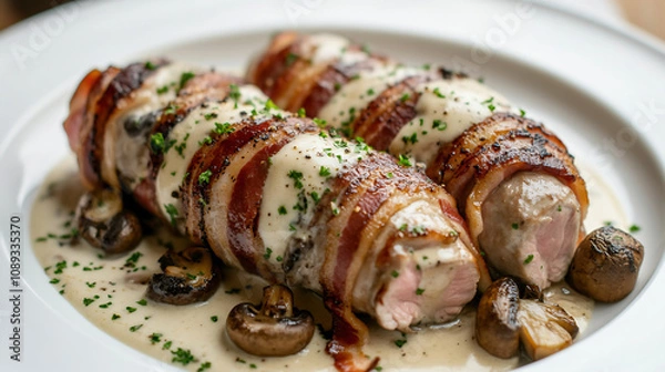 Fototapeta Sliced bacon-wrapped pork tenderloin with mushrooms and cream sauce on white plate, 