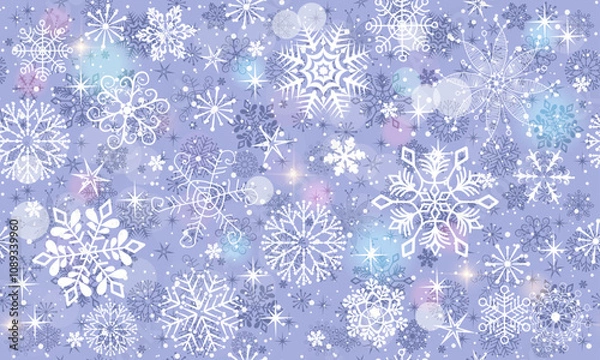 Fototapeta Vector festive gentle seamless Christmas pattern with lace snowflakes and stars. Bokeh
