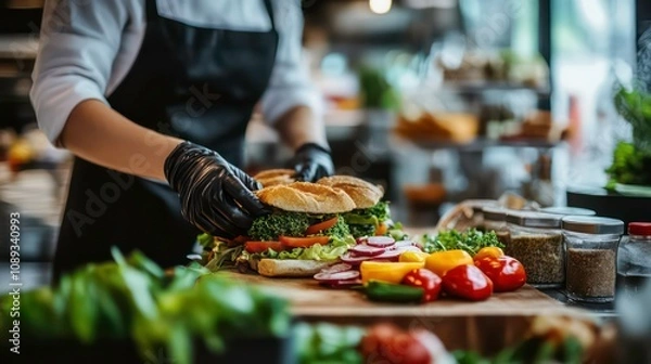 Obraz Grocery store deli employee prepares sandwiches and salads for deli counter, with a blurred background