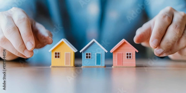 Fototapeta Hands surrounding small house models representing financial choices and investment opportunities. colorful houses symbolize diversity in housing options