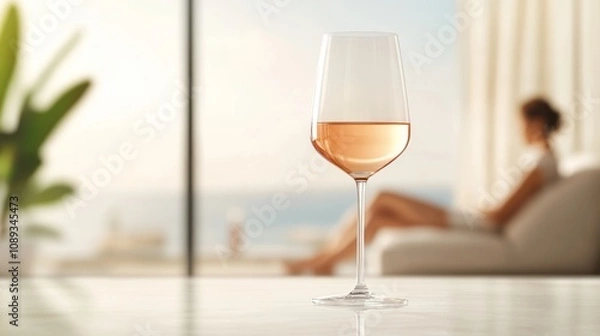 Fototapeta A glass of rose wine sits on a table, with a serene beach view in the background and a woman relaxing on a sofa.