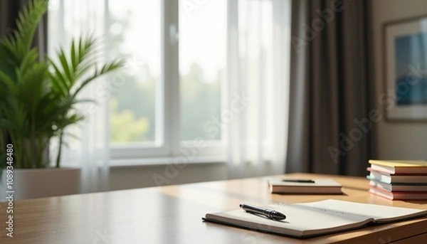 Fototapeta Serene Office Space with Wooden Desk, Organized Items and Plant.