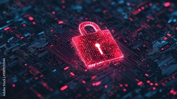 Obraz A digital padlock glows in red against a dark, circuit-like background, symbolizing data security and encryption in a tech-savvy world.