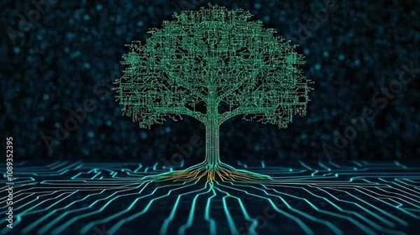 Obraz A digital tree design symbolizes the connection between nature and technology, with circuitry patterns illustrating growth and data.