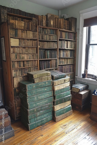 Fototapeta A cozy reading room with vintage wooden bookshelves and stacks of old books creates a warm, scholarly atmosphere