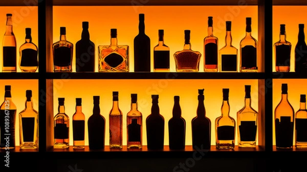 Obraz A lot of alcohol bottles on shelves in a bar, amber yellow lighting