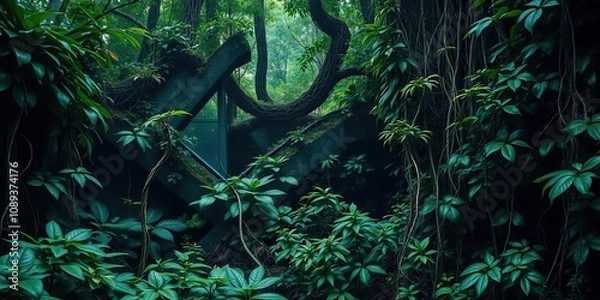 Fototapeta Dense jungle undergrowth with vines and creepers, botanicaGreenery wLarge leaf shapes in a lush green environment, jungle undergrowth