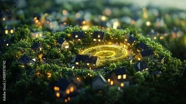 Fototapeta Glowing Circular Eco Village with Integrated Homes Farms and Businesses Sharing Resources in Closed Loop System