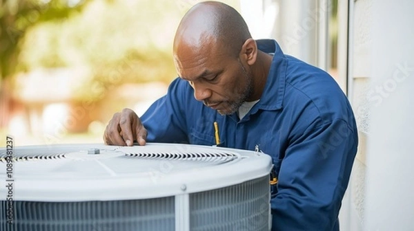Obraz A Technician Inspecting AC Unit, HVAC ,Air Conditioning