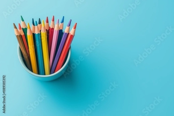 Fototapeta Diverse color pencils in blue cup on bright background for creative art projects and education concepts