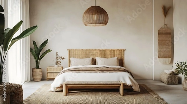 Obraz Elegant and Cozy Modern Bedroom Interior Design with Stylish Decor, mockup, poster and Background