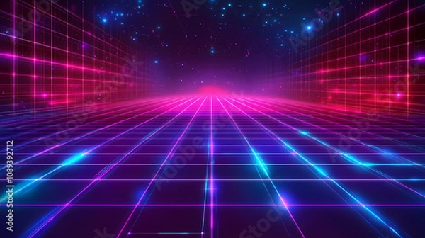 Fototapeta Illustration of a futuristic cyber matrix grid with neon holograms. Holographic Digital Grid. Illustration