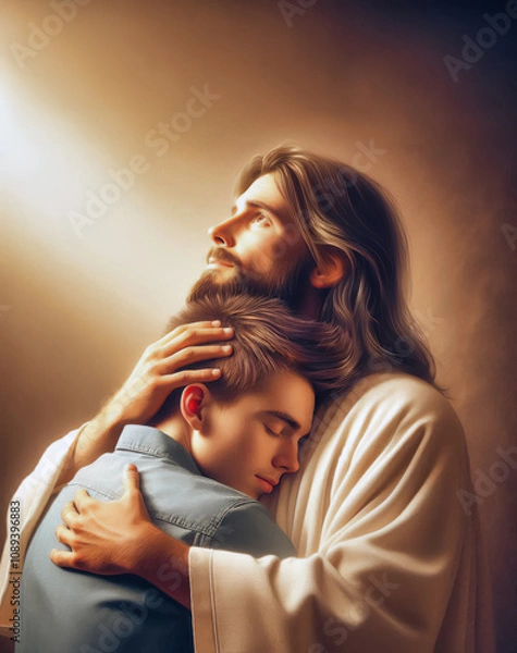 Fototapeta Jesus giving a hug to a young man with short hair, the love of the Lord Jesus Christ and how willing he is to always receive all his children in his arms.