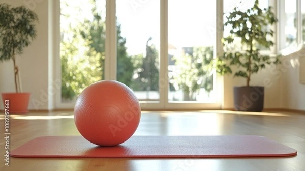 Fototapeta Yoga mat and coral exercise ball positioned in a sunlit, serene room surrounded by greenery, promoting relaxation and wellness activities.