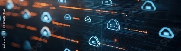 Fototapeta A futuristic digital interface featuring cloud symbols and data connections, representing cloud computing and data management.