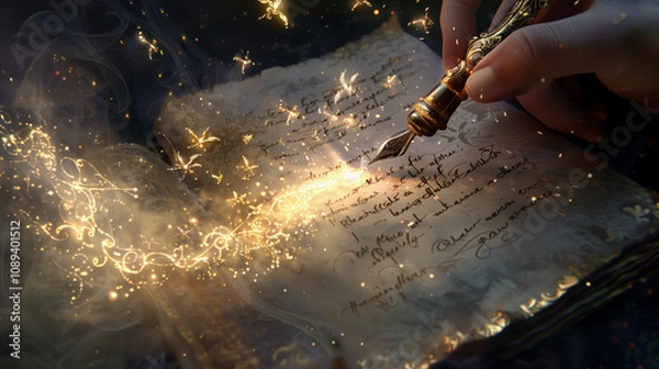 Fototapeta Magic writing with glowing pen and sparkling effects. AI Generated
