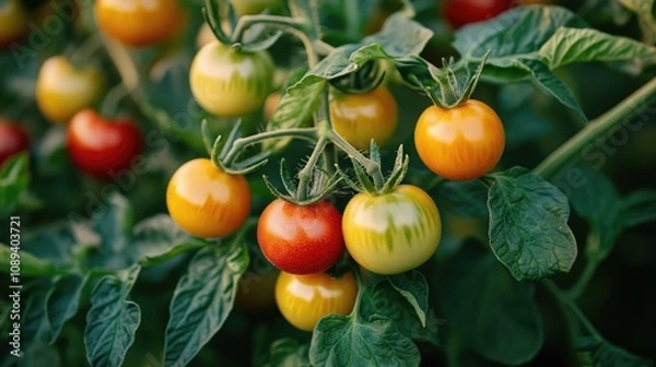 Obraz Colorful assortment of ripe red, yellow, and green tomatoes hanging on lush green vines, perfect for culinary dishes and healthy eating inspirations