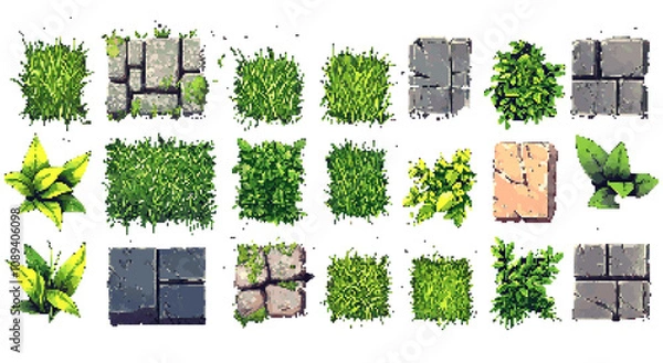 Fototapeta Pixel Art Game Asset Sheet - Grass and Stone Blocks