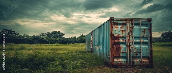 Obraz Abandoned logistic containers in a rural field during morning light
