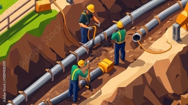 Obraz Workers installing pipes in a trench for infrastructure development.