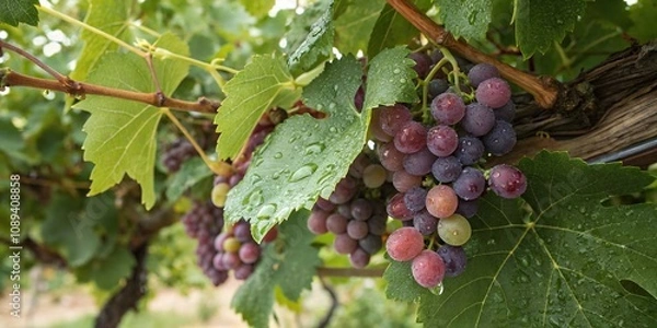 Obraz Overhead shot of a grapevine covered in sweet, juicy grapes and tiny water droplets hanging from the vines, fruit clusters, farm fresh, dewy freshness, lush foliage