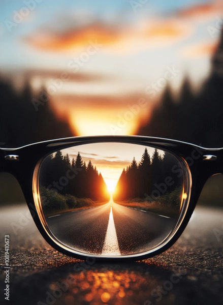 Obraz Glasses, the road is seen in sharp focus, leading towards a bright sunset in the distance clearly see the future