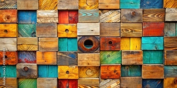 Obraz A vibrant and textured wall constructed from a multitude of wooden blocks, each possessing unique color, grain, and patina, creating a captivating display of rustic beauty.