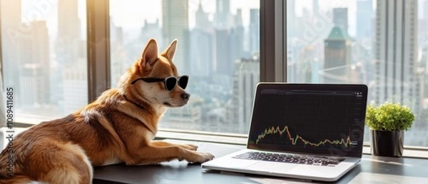 Obraz Dog with Sunglasses Observing Ethereum Charts in Urban Apartment