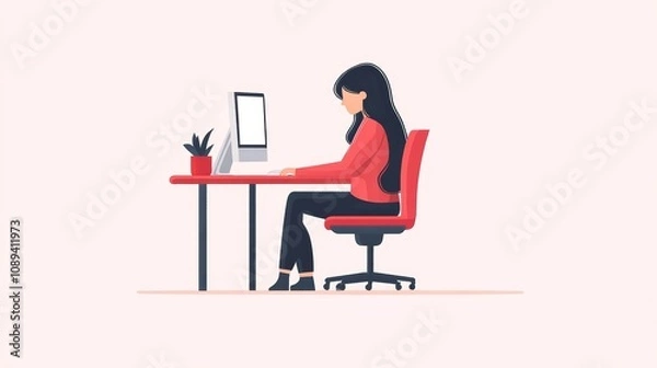 Fototapeta Woman working on a computer at a desk, modern office setting, minimalist style.