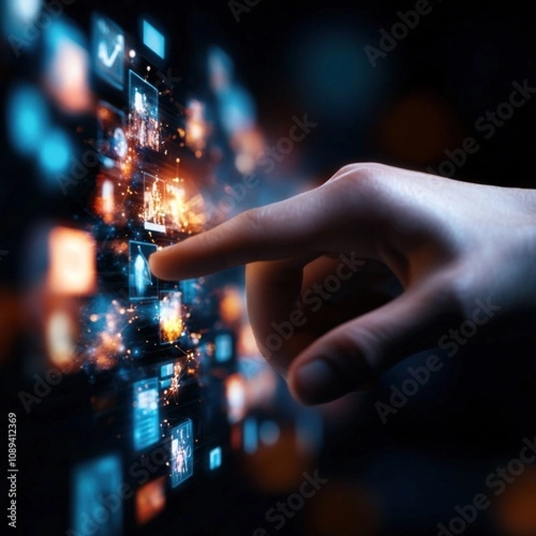 Fototapeta hand interacting with digital media and technology interface