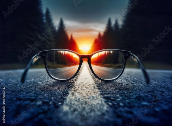 Obraz Glasses, the road is seen in sharp focus, leading towards a bright sunset in the distance clearly see the future