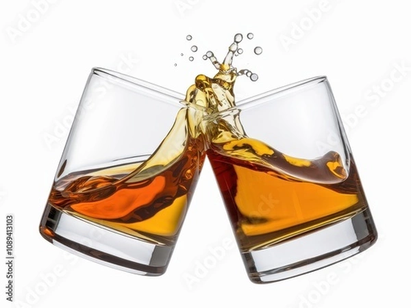 Fototapeta Whiskey Splashing in Two Glasses on a Transparent Background