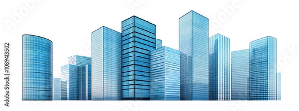 Fototapeta Modern skyscrapers of a smart city, futuristic financial district, graphic perspective of buildings and reflections - Architectural blue background for corporate and business brochure template