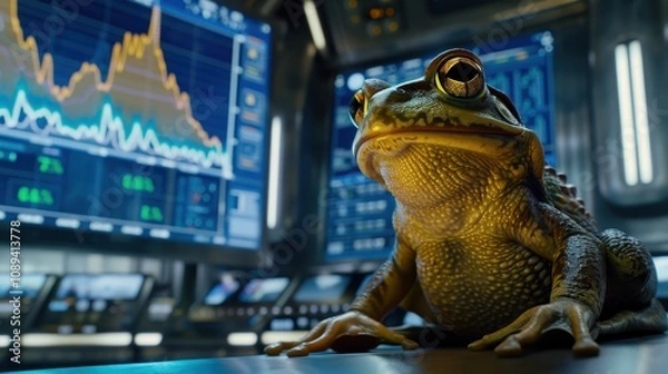 Obraz Frog Observing Rising Dogecoin Graph in Dark Tech Setting