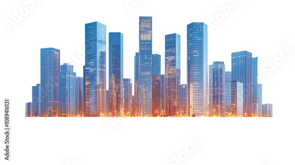 Fototapeta Modern skyscrapers of a smart city, futuristic financial district, graphic perspective of buildings and reflections - Architectural blue background for corporate and business brochure template