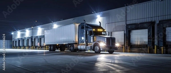 Obraz Illuminated Logistic Truck at Nighttime Loading Dock